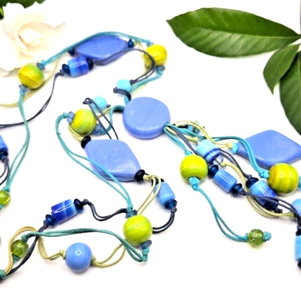 Bright Blue and Green 27" Long Ceramic and Glass‎ Beaded Y-Drop Cord Necklace